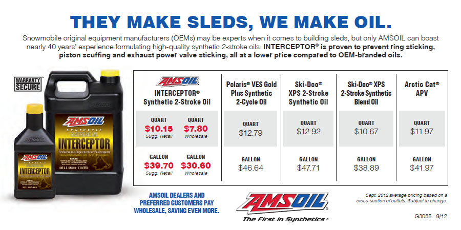 Price comparison of Amsoil Interceptor to Snowmobile OEM